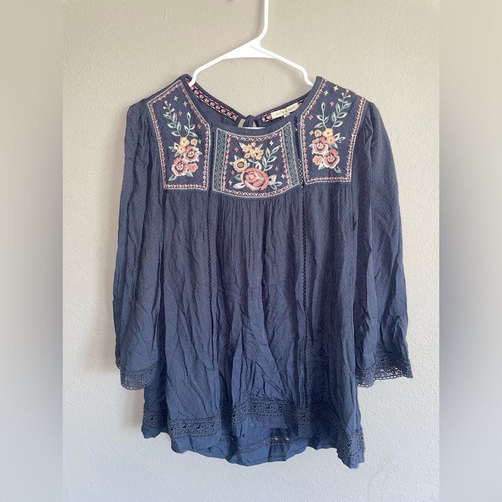 Kate & Sam Floral Embroidered 3/4 Sleeve Boho Blouse Size Small Women’s